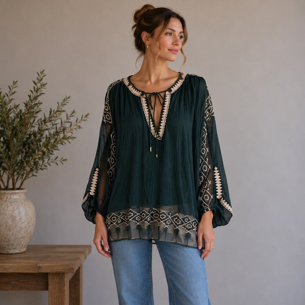 Free People Green Embroidered Knit & Mesh Top Smal